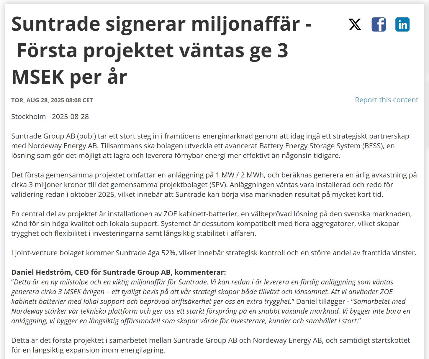 Strategic Partnership Between Suntrade and Nordeway Selects ZOE Energy’s BESS for Major Market Advancement